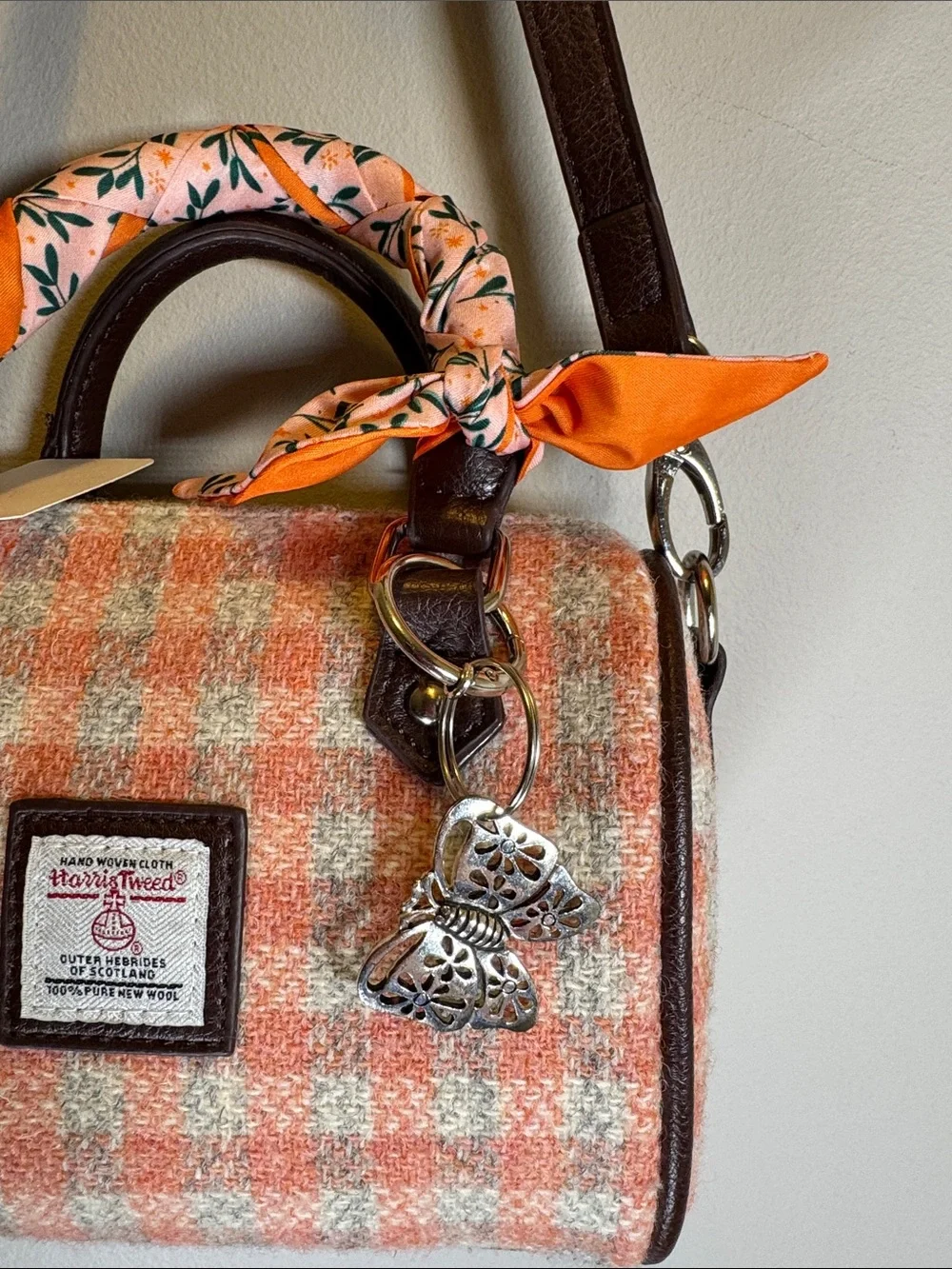 Glen Appin Harris Tweed Wool Satchel Crossbody Bag Pink Plaid + Twilly Charm